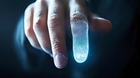 Glowing blue bioluminescent finger tip in dark background shows futuristic biotechnology concept with dramatic lighting and mysterious atmosphere.