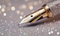 Luxury golden fountain pen nib on glittering silver background with soft bokeh lights, elegant writing instrument macro photography for stationery and luxury goods marketing.