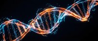 Double helix DNA strand with glowing orange and blue neon lines on dark background, representing genetic research, biotechnology, and molecular science for medical and educational use.
