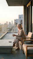 Relaxed middle-aged Caucasian woman enjoying morning coffee on modern apartment balcony with city skyline view during golden hour sunrise.