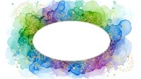 Watercolor oval frame with vibrant blue green purple splashes and floral elements isolated on white background for creative design projects.