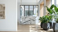 Modern minimalist bedroom with marble accent wall and large windows featuring natural light, wooden floors, and green plants for contemporary interior design.
