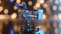 Empty shopping cart with glowing blue neon effect against blurred golden bokeh background, representing e-commerce and digital retail concept.