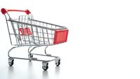 Empty red shopping cart isolated on white background for retail and commerce design projects.