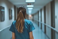 Female healthcare worker in scrubs walking down empty hospital corridor, view from behind. Long brown hair and teal uniform create dramatic perspective in fluorescent-lit hallway.