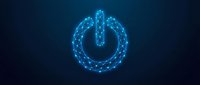 Glowing blue digital power button icon with wireframe network connections on dark background for technology and electronics concepts.
