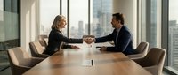 Professional businesswoman and businessman shaking hands across conference table in modern office with city skyline view during successful meeting.