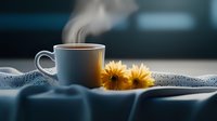 Steaming coffee cup with yellow gerbera daisies on blue fabric, moody morning atmosphere with natural window light and vapor creating cozy home ambiance.