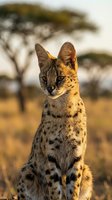 Serval wild cat portrait in golden sunset light with acacia trees in African savanna background for wildlife photography and nature content.