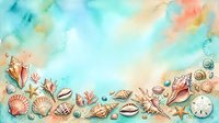 Watercolor seashells and starfish border frame with turquoise blue background. Marine ocean elements for summer beach designs, invitations, greeting cards.