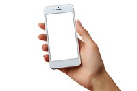 Female hand holding modern white smartphone with blank screen isolated on white background. Clean mockup for app or web design presentation.