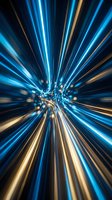 Dynamic blue and gold light rays bursting from center creating radial motion blur effect for technology and speed concepts.