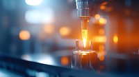 Glowing laboratory equipment with amber bokeh lights in dark scientific research environment, modern medical technology and analysis concept for healthcare studies.