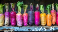 Colorful rainbow carrots and radishes lined up showing vibrant purple, pink, orange and white varieties with fresh green tops on rustic wooden surface.