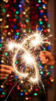 Hands holding lit sparklers forming number nine against colorful bokeh lights, celebrating New Year's Eve or birthday milestone with festive atmosphere.