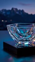 Crystal glass bowl with geometric facets glowing in teal and violet light, placed on a dark marble base against a twilight mountain backdrop.