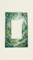 Watercolor fairy tale forest frame with castle silhouette and magical trees, blank space for text or photos, enchanted woodland border design.