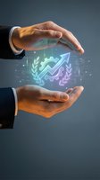 Businessman hands holding glowing holographic growth icon with upward arrow and gears, representing business success, digital innovation and financial growth strategy.