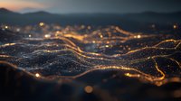 Abstract glowing golden waves and particles on dark background with bokeh effect create futuristic network visualization pattern.
