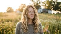 Young blonde woman in cozy sweater standing in golden wheat field during sunset with warm natural lighting creating peaceful rural atmosphere.