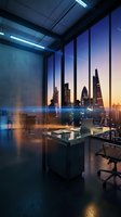 Modern office workspace with floor-to-ceiling windows overlooking illuminated city skyline at dusk, featuring desk, computer, and chair for corporate business environments.