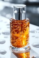 Luxury amber fragrance bottle with water drops and bubbles on reflective surface, elegant cosmetic product photography in natural light.