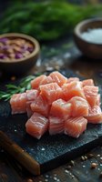 Fresh raw salmon cubes on black slate with herbs and spices, ready for cooking gourmet seafood dishes.