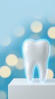 Clean white tooth model on pedestal with soft blue bokeh lights background for dental care and oral health concepts.