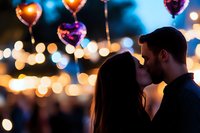 Romantic silhouette of couple kissing under heart-shaped balloons at evening celebration with soft bokeh lights creating magical atmosphere.