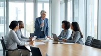 Senior male executive leading diverse team meeting in modern office conference room with city skyline view, discussing business strategy and collaboration.
