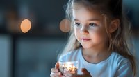 Young Caucasian girl holding glowing candle jar with dreamy expression, soft bokeh lights in background create magical atmosphere. Gentle evening mood.