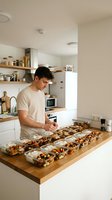 Young man meal prepping healthy lunch boxes in modern kitchen. Food preparation and planning concept for busy lifestyle and nutrition goals.