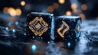 Luxury black dice with golden runic symbols on dark surface with bokeh lights background for gaming and entertainment concepts.