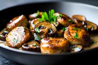 Sauteed mushrooms in cast iron pan with garlic butter sauce and fresh herbs, close up view showing glossy caramelized surface and rich brown color. Food photography.