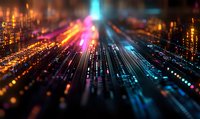 Abstract digital technology background with glowing neon lines and light trails creating futuristic perspective. Blurred bokeh effect adds depth and movement.
