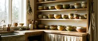 Rustic kitchen shelving displays handcrafted ceramic bowls and pottery vessels in warm earth tones, with natural light from window, ideal for home decor and lifestyle content.