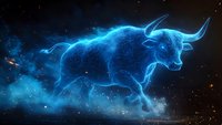 Glowing blue bull constellation against starry night sky, mystical zodiac animal running through cosmic clouds and nebula space background.