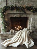 Cozy brick fireplace with burning logs, white candles, and soft throw blanket, decorated with evergreen garland and warm glowing Christmas lights for winter holidays.