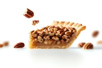 Slice of pecan pie with caramel filling and whole nuts floating on white background, close-up view showing flaky crust and rich texture for food marketing.