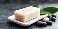 Natural soap bar on ceramic holder with green leaves and black spa stones against dark textured background. Wellness and skincare concept.