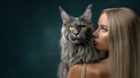 Young blonde woman with long straight hair holding majestic grey Maine Coon cat with yellow eyes against dark green background, dramatic studio lighting creates mysterious mood.