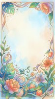 Watercolor floral border frame with peonies, lilies, tropical leaves, and gold accents on soft pastel background with copy space.