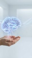Glowing holographic brain floating above cupped hands representing artificial intelligence, mental health, neuroscience and cognitive technology concepts.