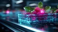Fresh raspberries with green leaves floating in glowing turquoise liquid creating magical effect with bokeh lights and reflections in dark setting. Artistic food photography.
