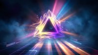 Glowing neon triangle with colorful light beams and particles on dark background. Futuristic geometric shape with bright energy rays for modern design.