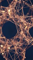 Glowing rose gold geometric network structure with interconnected nodes and lines on dark blue background, symbolizing technology and data.