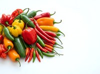 Colorful assortment of fresh hot chili peppers and bell peppers on white background. Spicy vegetables for cooking, seasoning and culinary ingredients.
