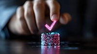 Glowing pink checkmark symbol floating above crystal-covered container against dark background creates magical effect for business and success concepts.