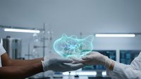 Young male scientist of South Asian descent in white lab coat holding glowing holographic brain model in modern laboratory setting with equipment and colleagues in background for medical research and technology.