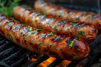 Juicy grilled sausages with caramelized glaze and fresh herbs cooking on barbecue grill. Perfect for summer cookout menu design, food marketing, and restaurant promotion.